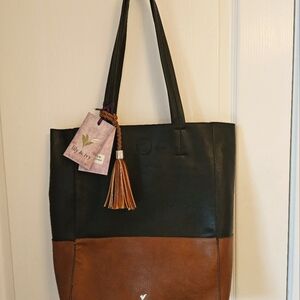 Black and Cognac Tote Bag with Long Straps